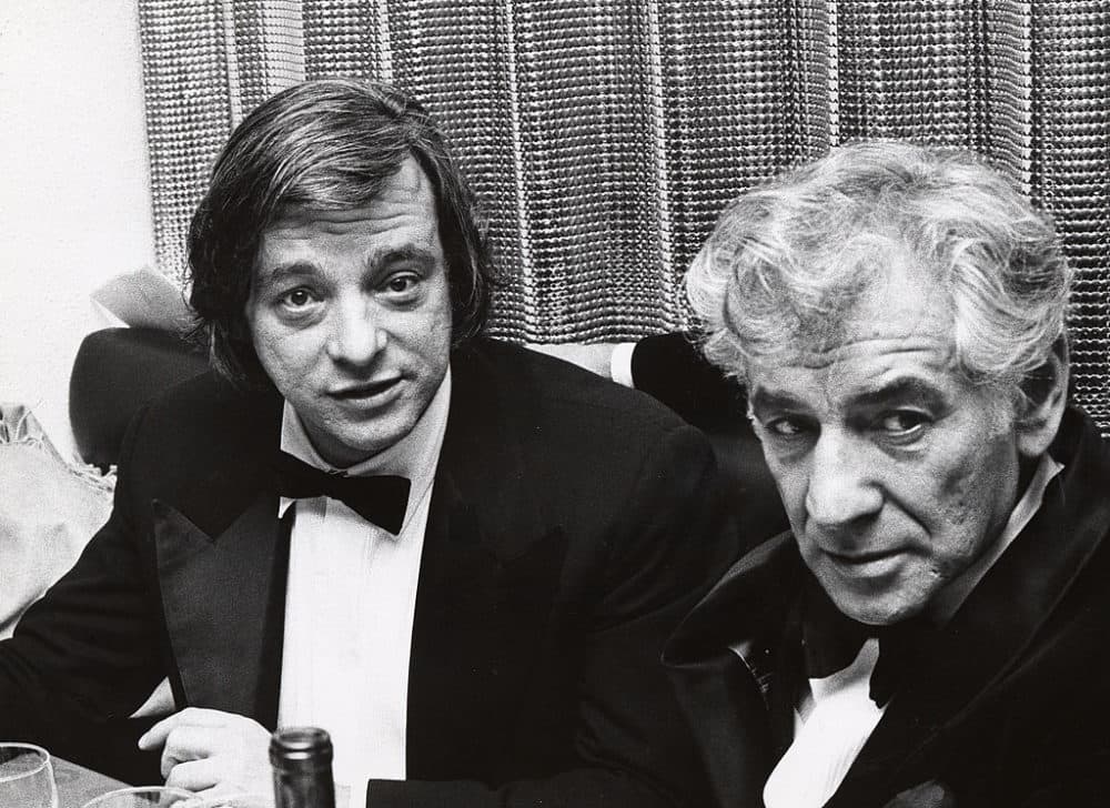 Stephen Sondheim and Leonard Bernstein at a Musical Tribute to Stephen Sondheim on March 11, 1973, at the Shubert Theatre in New York City. (Ron Galella/Ron Galella Collection via Getty Images)