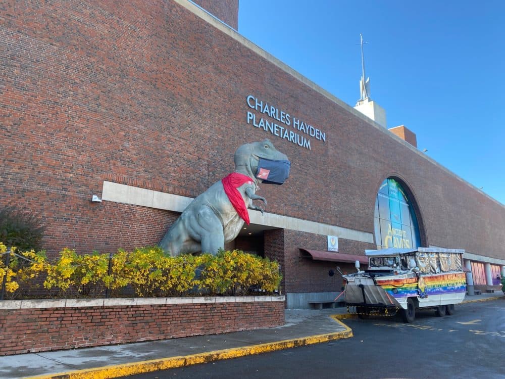 A T-Rex wears a mask and a cape outside the Museum of Science in efforts to encourage families to get vaccinated. (Amanda Beland/WBUR)