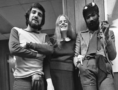 WBCN announcers Charles Laquidara and Maxanne with Charles 'Master Blaster' Daniels, emcee at the Boson Tea Party rock club. (Peter Simon)