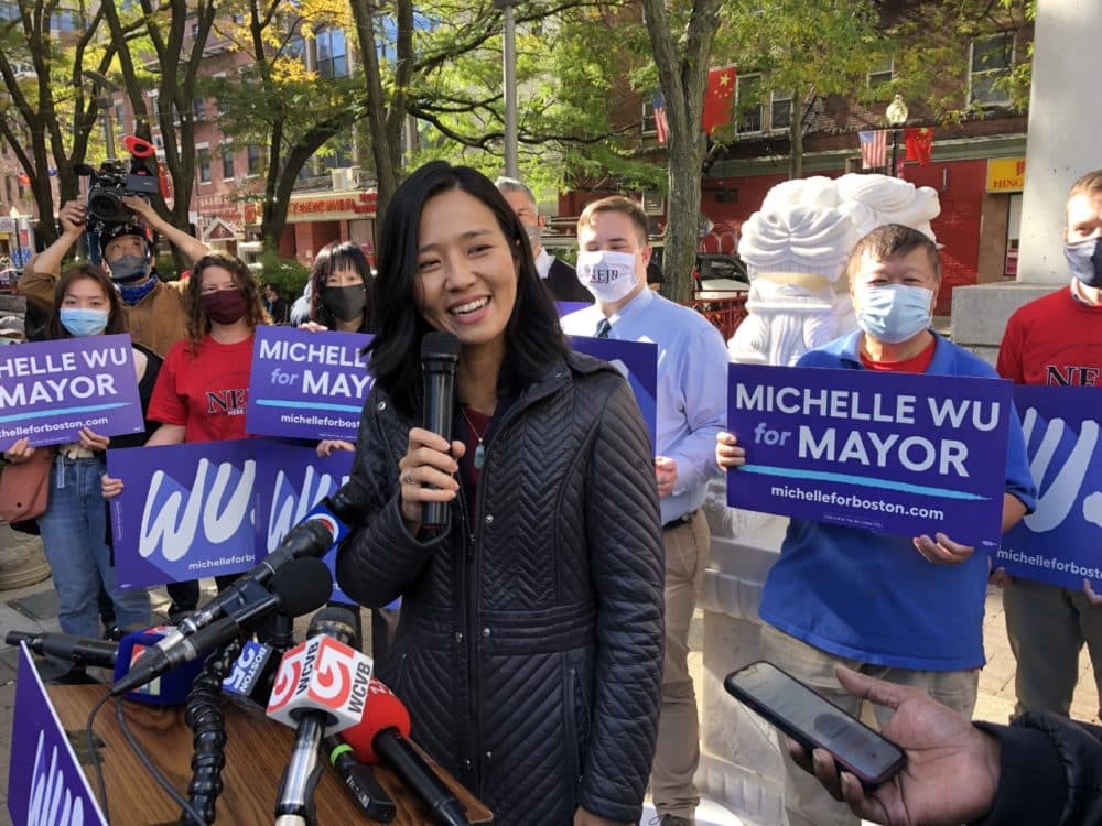 Michelle Wu will be sworn in Tuesday as Mayor of Boston. (Anthony Brooks/WBUR)