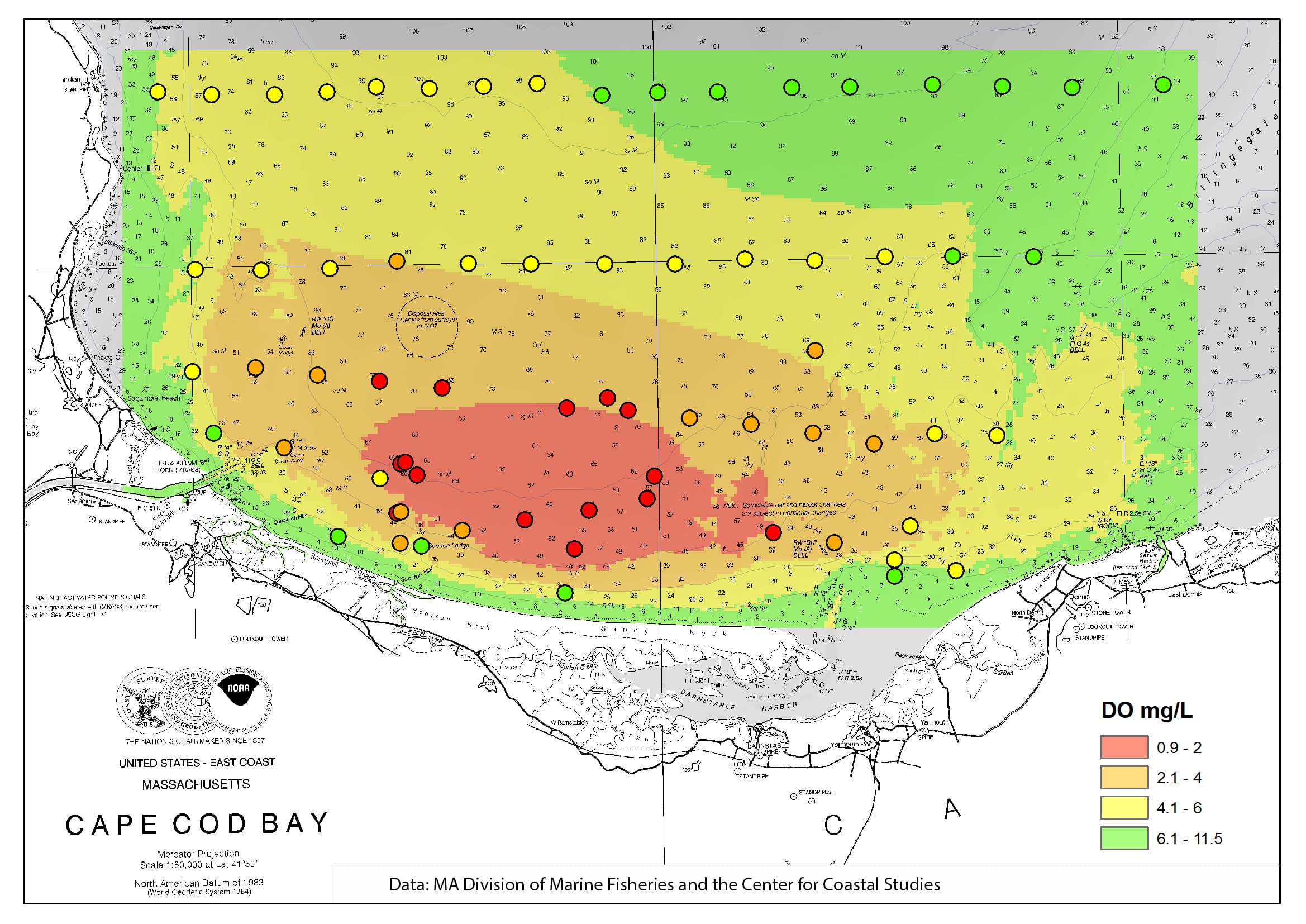Water quality samples (cycles) taken by the Division of Marine Fisheries and the Center for Coastal Studies in 2019. The red area indicates a "severely hypoxic" zone. Courtesy Tracy Pugh, MA Division of Marine Fisheries