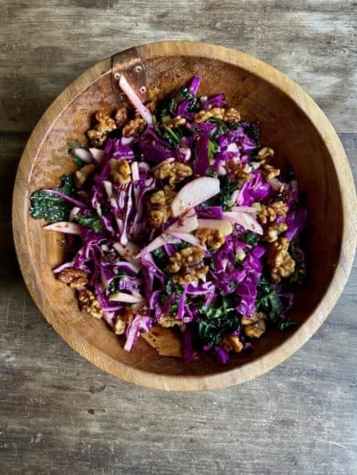 Apple, red cabbage and kale salad with maple-glazed walnuts and mustard-sage dressing. (Kathy Gunst/Here &amp; Now)