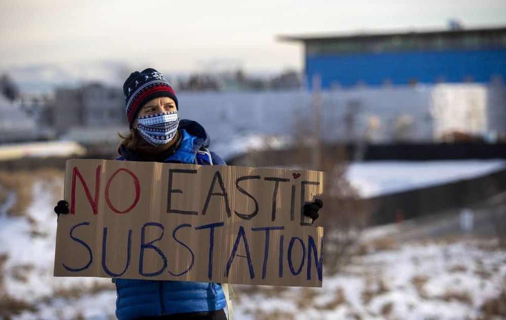 Juliane Manitz carries a &quot;No Eastie Substation&quot; sign at the Extinction Rebellion protest at the Condor Street Urban Wild against the proposed East Boston electrical substation. The proposed site is the fenced, snow covered area behind her. (Robin Lubbock/WBUR)