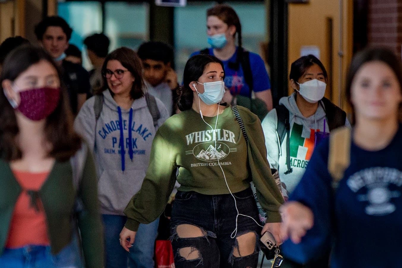 Students file out of Hopkinton High School after class. (Jesse Costa/WBUR)
