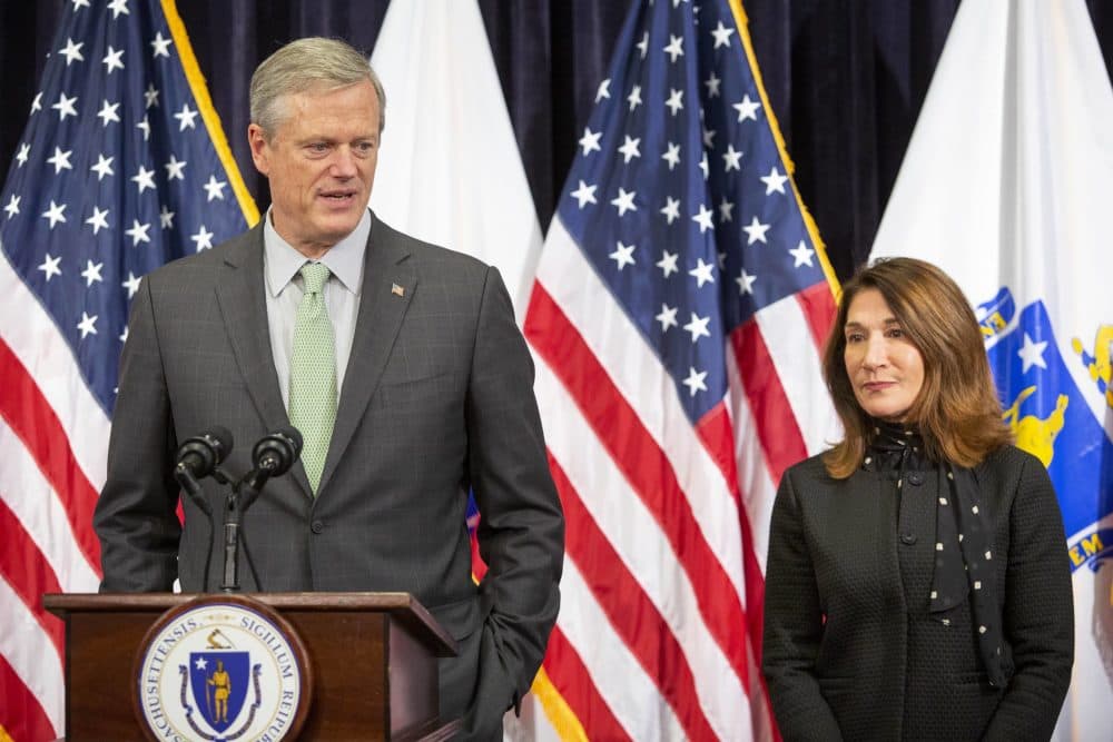 Massachusetts Gov. Charlie Baker speaks at a press conference with Lt. Gov. Karyn Polito at the State House after announcing the they will not seek a third term. (Robin Lubbock/WBUR)