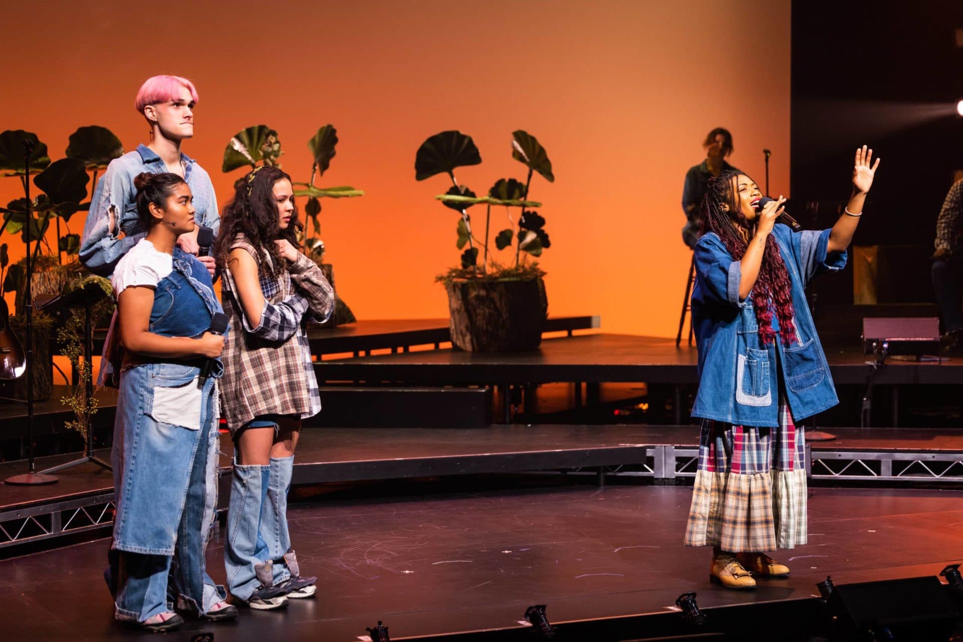 Left to right, Paravi Das as Forte, Luke Ferrari as Possible, YDE as Sophia and Brittany Campbell as Oak in A.R.T.'s &quot;WILD: A Musical Becoming.&quot; (Courtesy Maggie Hall/Nile Scott Studios)