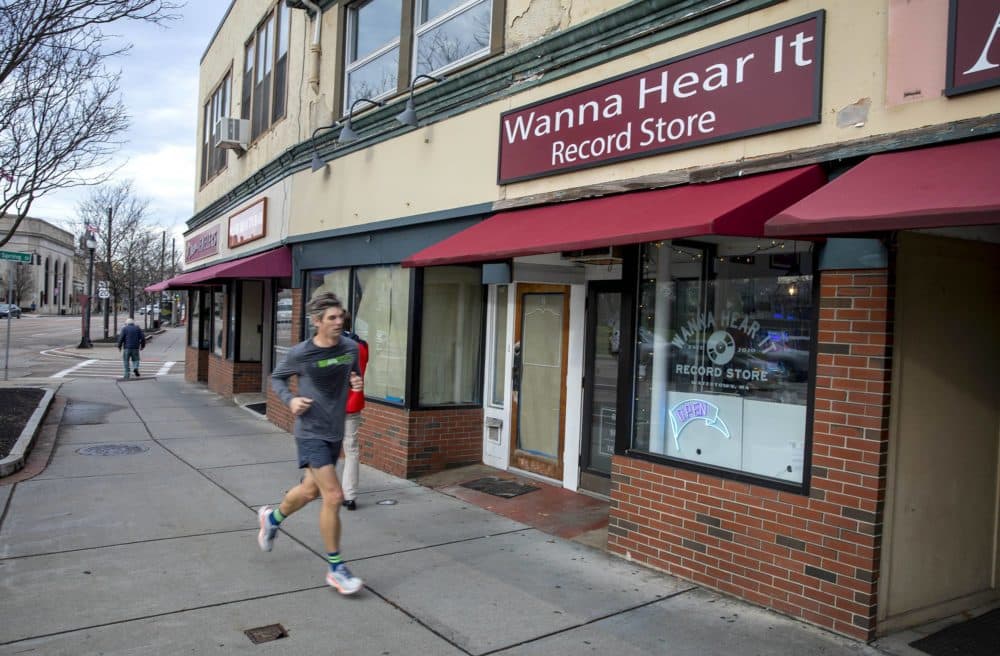 The view from the sidewalk of Wanna Hear It Records in Watertown. (Robin Lubbock/WBUR)