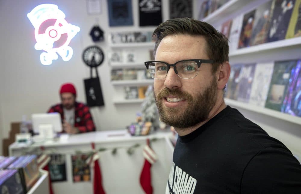 Wanna Hear It Records owner Joey Cahill at the Watertown record store. (Robin Lubbock/WBUR)