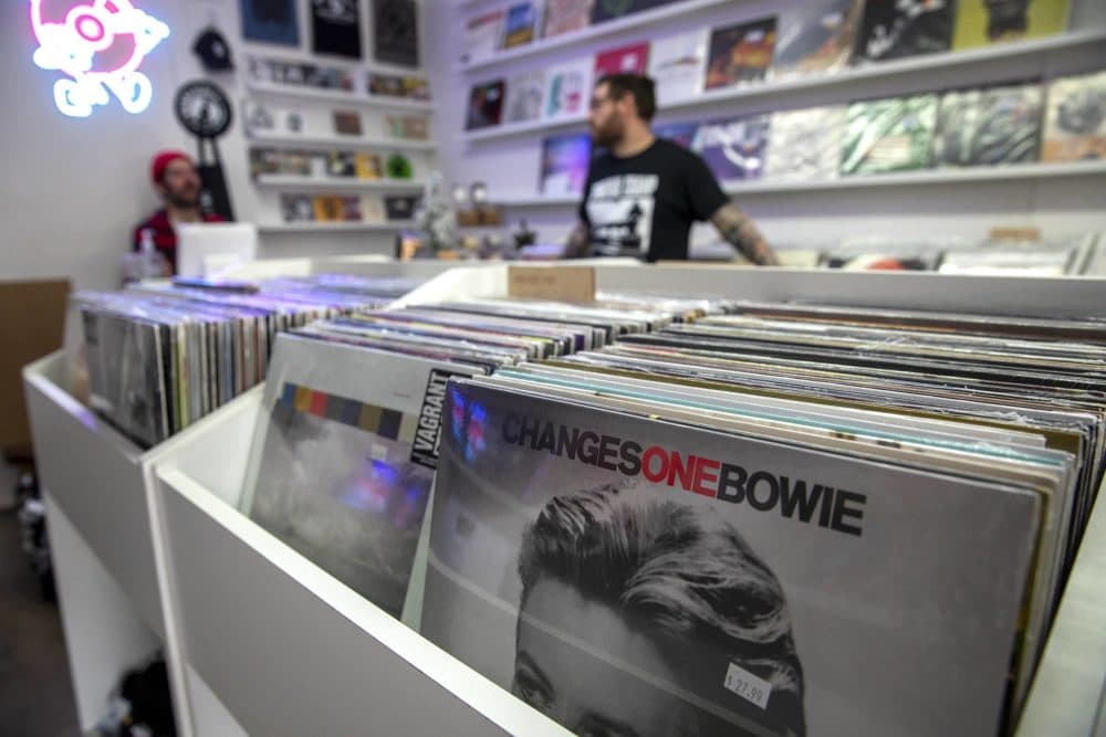 A newly minted copy of David Bowie's &quot;ChangesOneBowie&quot; at Wanna Hear It Records. (Robin Lubbock/WBUR)