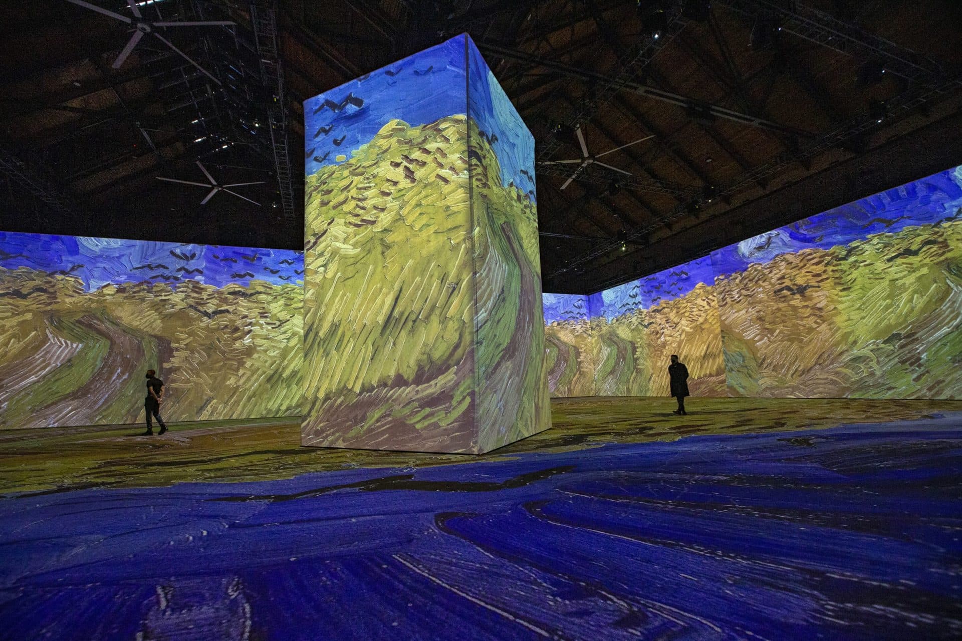 A projection of Vincent van Gogh’s “Wheatfield with Crows” seen during a press preview of &quot;Imagine Van Gogh” at the SoWa Power Station. (Jesse Costa/WBUR)