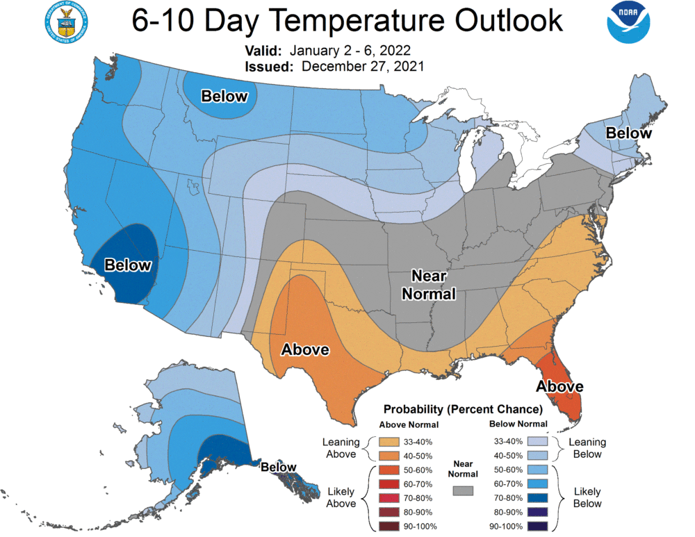 Colder than average conditions are possible in the first week of 2022. (Courtesy NOAA)