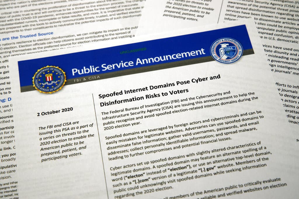 A public service announcement from the FBI and the Department of Homeland Security cybersecurity agency. (AP Photo/Jon Elswick, File)