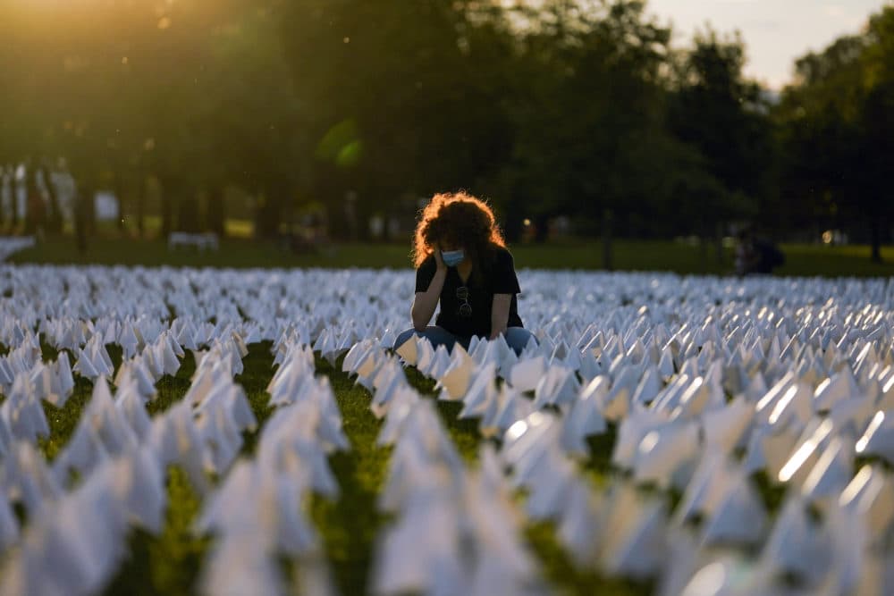 Zoe Nassimoff, of Argentina, looks at white flags that are part of artist Suzanne Brennan Firstenberg's temporary art installation, &quot;In America: Remember,&quot; in remembrance of Americans who have died of COVID-19, on the National Mall in Washington. Nassimoff's grandparent who lived in Florida died from COVID-19. (Brynn Anderson/AP)