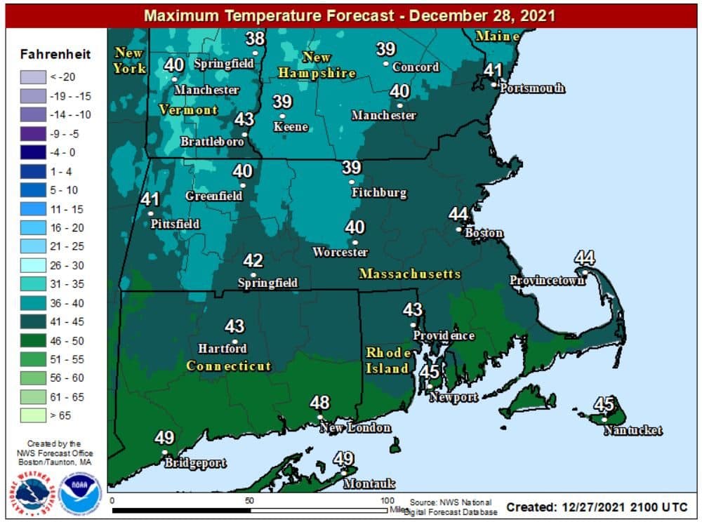Temperatures will reach the 40s on Tuesday afternoon after morning precipitation. (Courtesy NOAA)