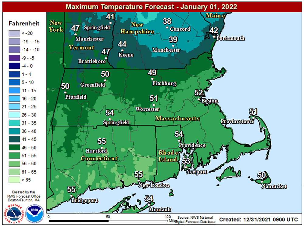 Highs to start 2022 will be 15 degrees above average. (NOAA)