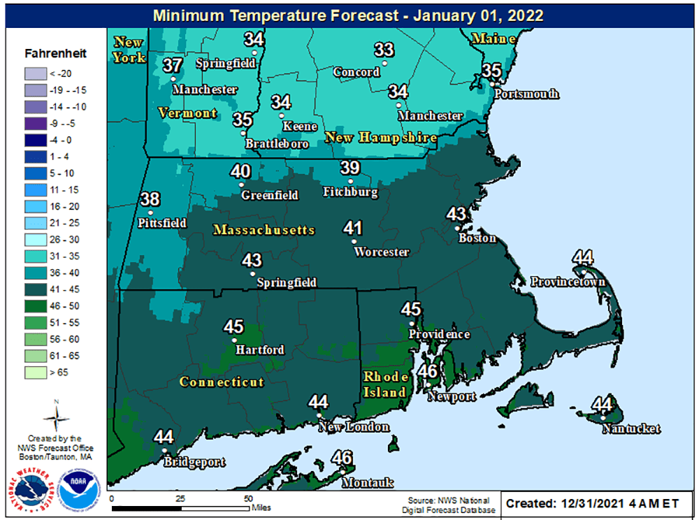 Temperatures at midnight New Year’s Eve 2022 will be well above average. (NOAA)