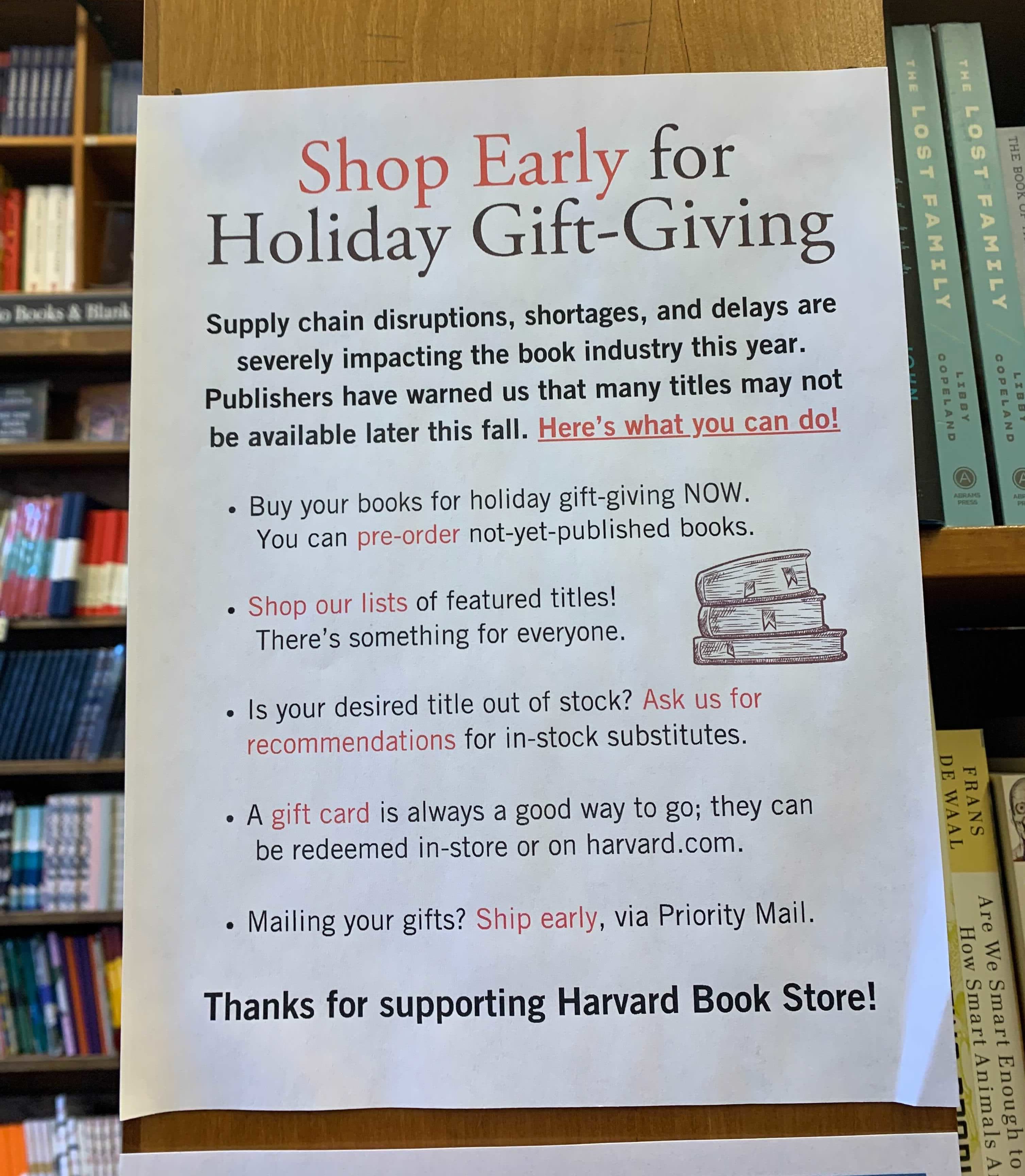 A sign at Harvard Book Store in Cambridge warning holiday shoppers about the book shortage. (Kalyani Saxena/Here & Now)