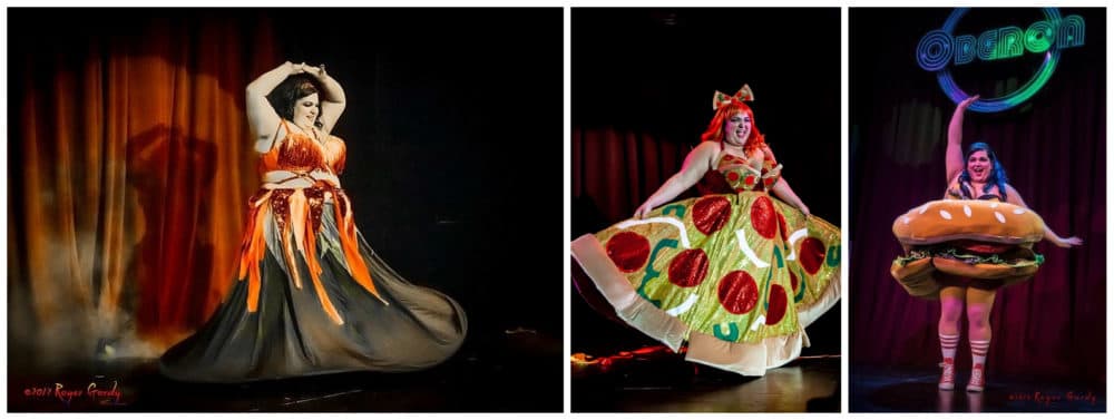 Robyn Giragosian in costume on stage at OBERON. (Courtesy Roger Gordy, left and far right, courtesy Melissa Kooyomjian, center)