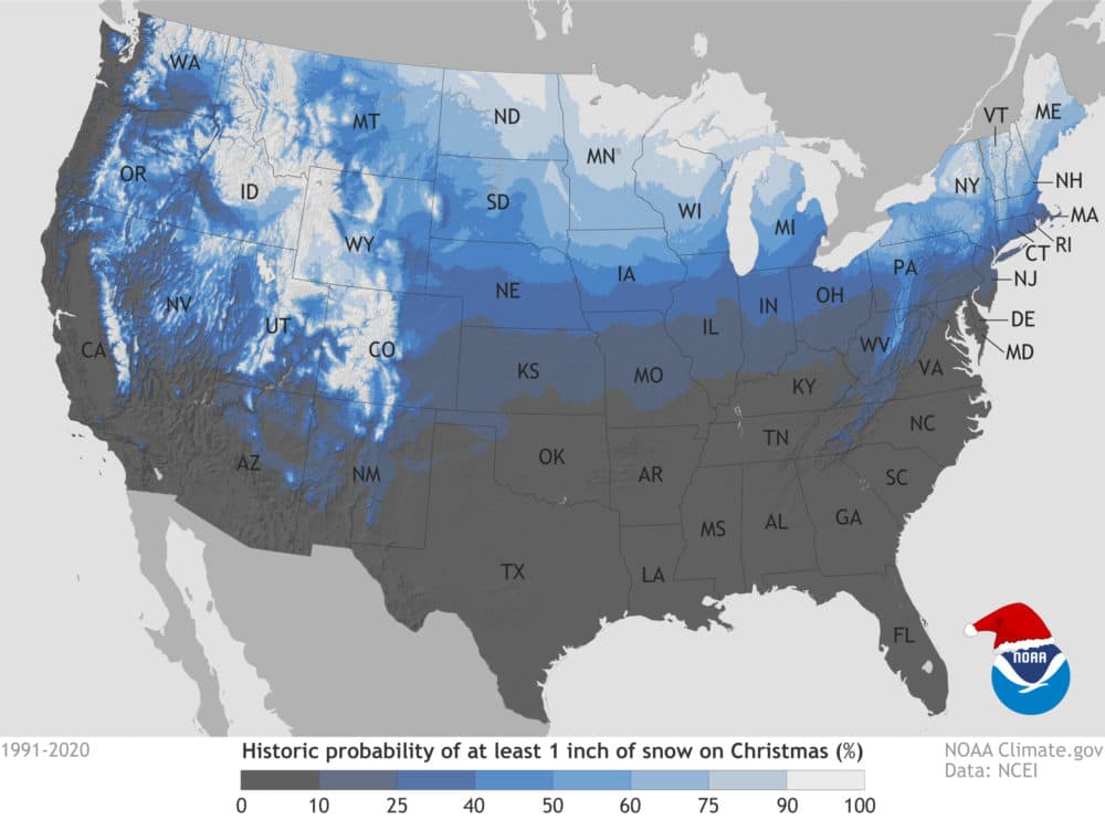 The chances of a white Christmas are quite low in much of southern New England. (NOAA)