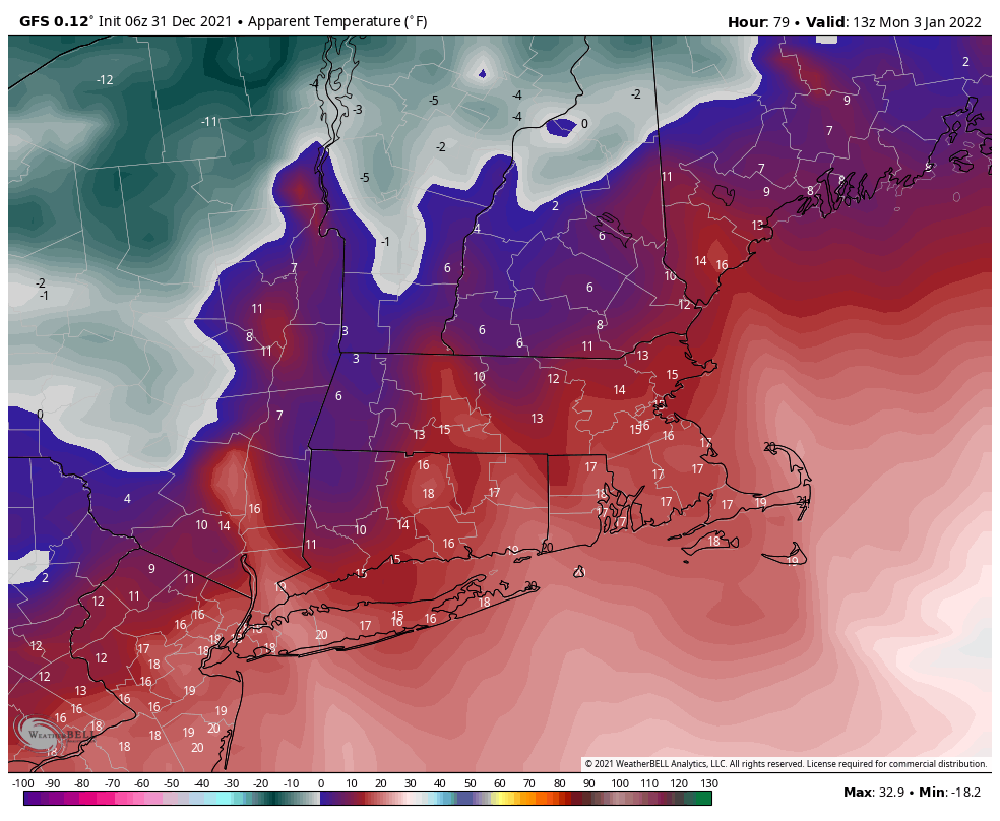 With the windshield, temperatures will feel as though they've dropped into the teens Monday morning as the sun rises across New England. (Image courtesy WeatherBELL)