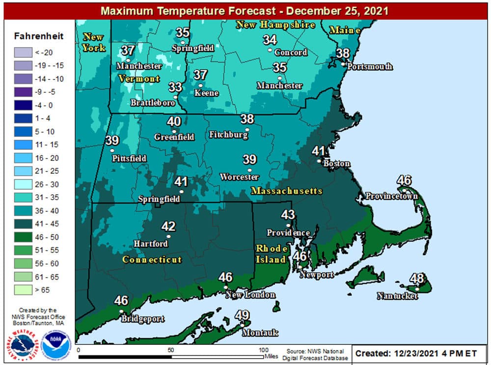 Highs on Christmas afternoon will be around or just over 40 degrees. (Courtesy NOAA)