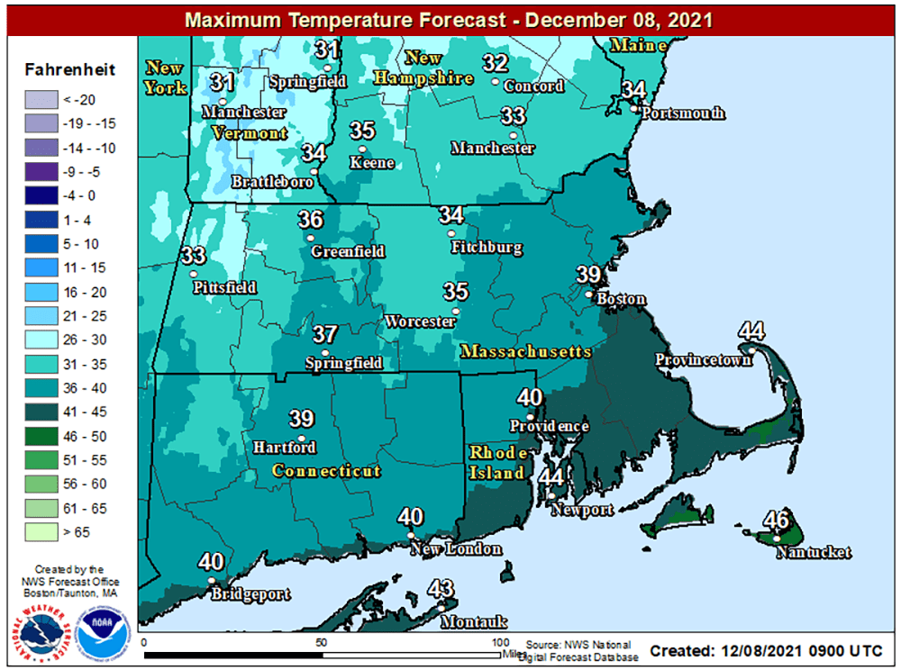 Highs will be near 40 on Wednesday afternoon across much of Greater Boston. (Courtesy NOAA)