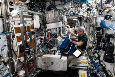 NASA astronaut Mark Vande Hei sets up the International Space Station's exercise bicycle. (NASA)