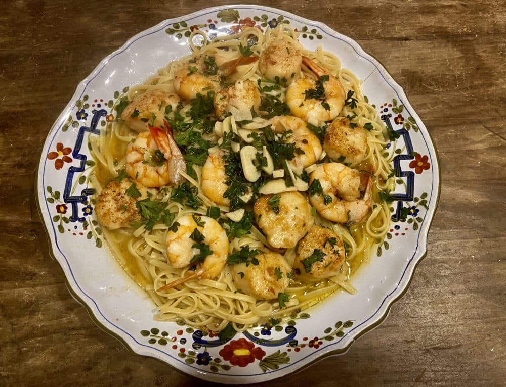 Holiday garlic shrimp and scallop linguine (Kathy Gunst/Here &amp; Now)