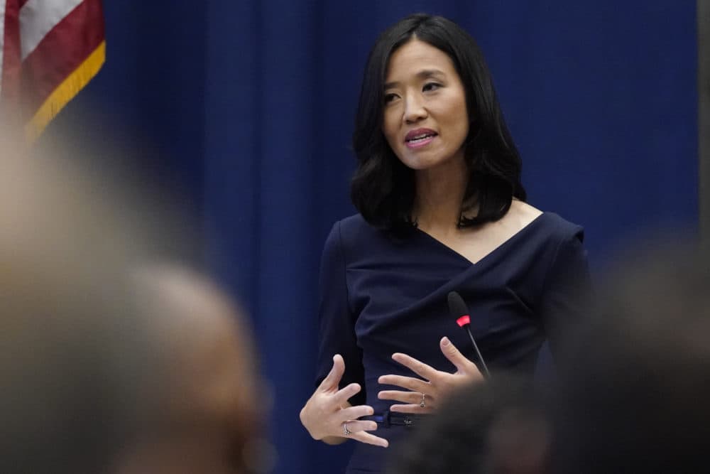 Boston Mayor Michelle Wu during her swearing-in ceremony at Boston City Hall on Nov. 17. (Charles Krupa/AP)