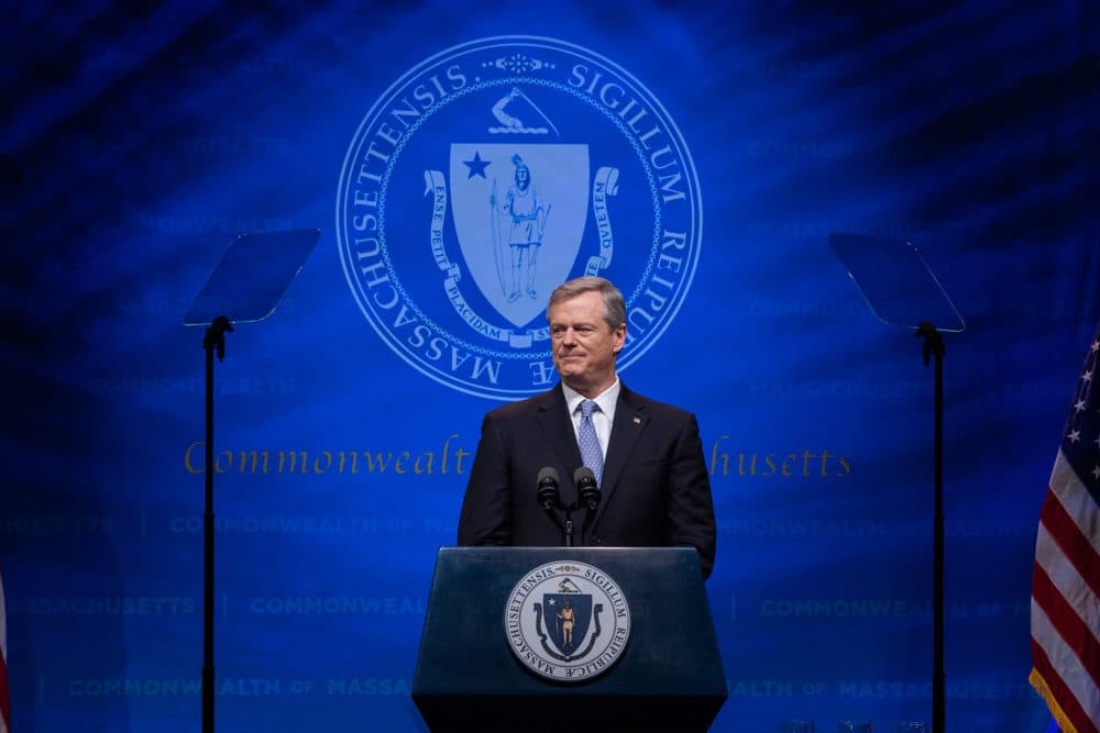 Gov. Charlie Baker delivered his final State of the Commonwealth address Tuesday night from the Hynes Convention Center. (Chris Van Buskirk/SHNS)