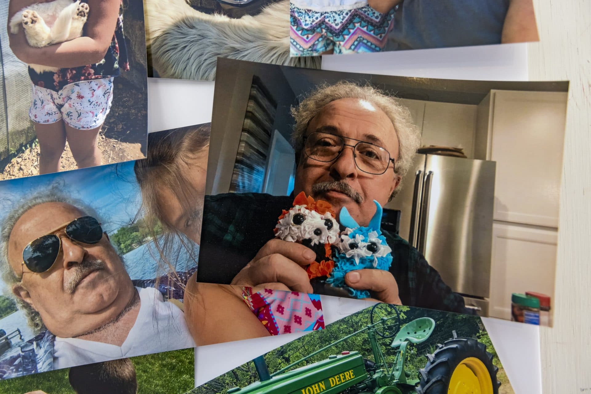 A photo of Tony Tsantinis hangs in a collage of other photos set up for a celebration of his life on the final day Athens Pizza in Brimfield was opened for business. (Jesse Costa/WBUR)