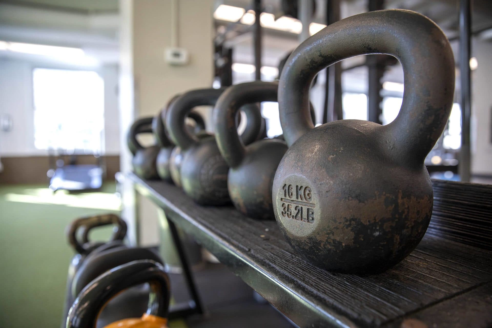 Kettlebells in one of the studios at Healthworks on Stuart Street. (Robin Lubbock/WBUR)