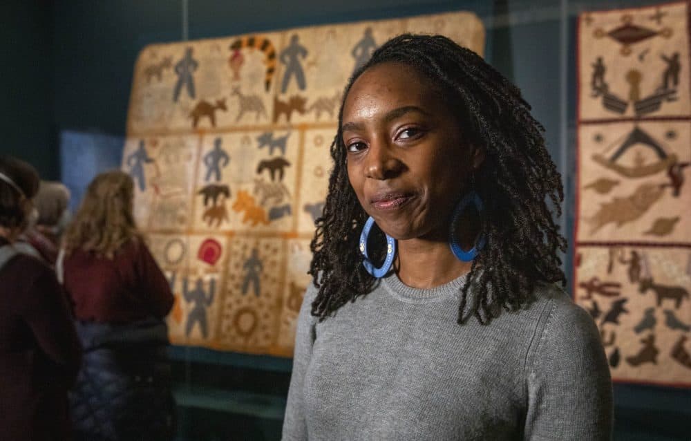 Alyse Minter traveled to Boston to see Powers' two quilts displayed together. (Robin Lubbock/WBUR)