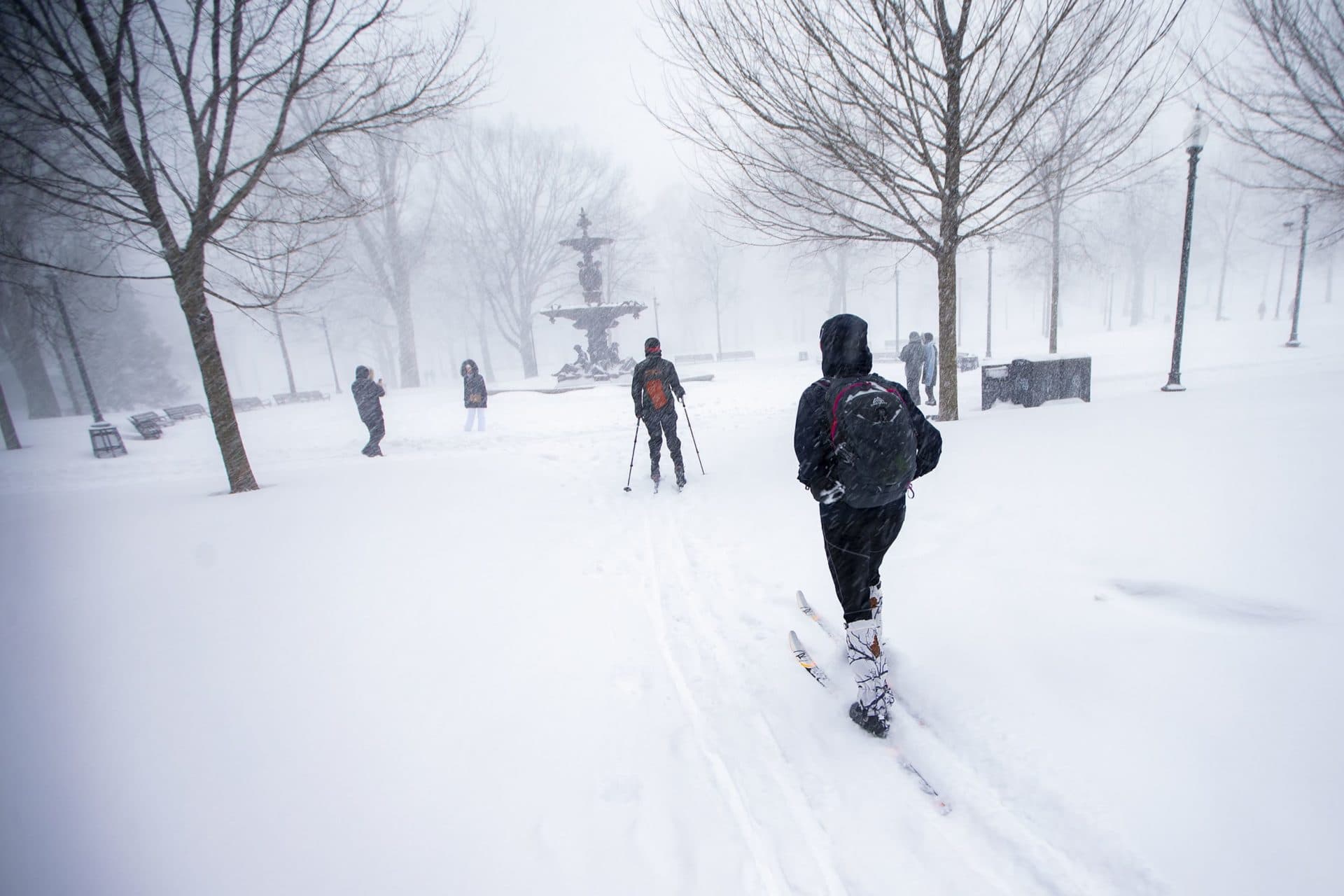 Two cross-country skiers ski towards Brewers Fountain in the Boston Common during the storm. (Jesse Costa/WBUR)
