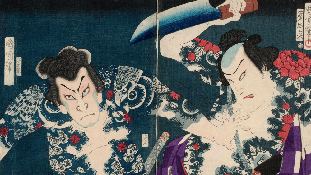 Toyohara Kunichika, &quot;Actors Ichimura Kakitsu IV as Asahina Tōbei&quot; (right) and &quot;Nakamura Shikan IV as Washi no Chōkichi&quot; (left), 1868. (Courtesy William Sturgis Bigelow Collection/Museum of Fine Arts, Boston)