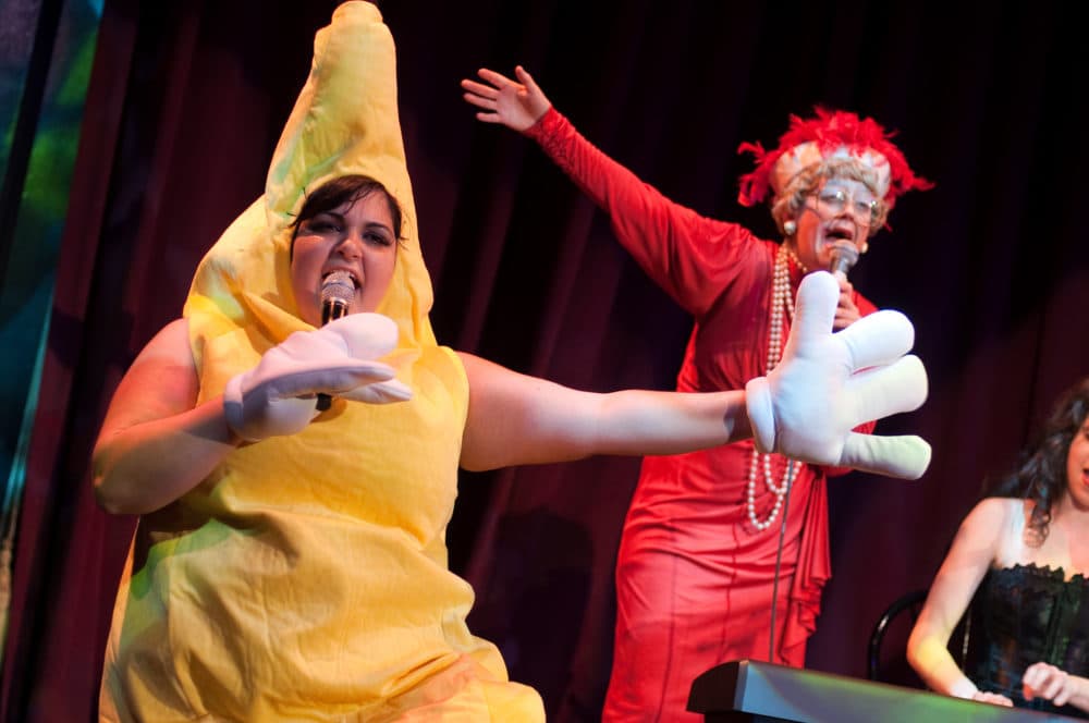 Femme Brulée as a banana and Petey Gibson as Mary Dolan in a production of Bent Wit Cabaret at OBERON. (Courtesy Justin Moore)