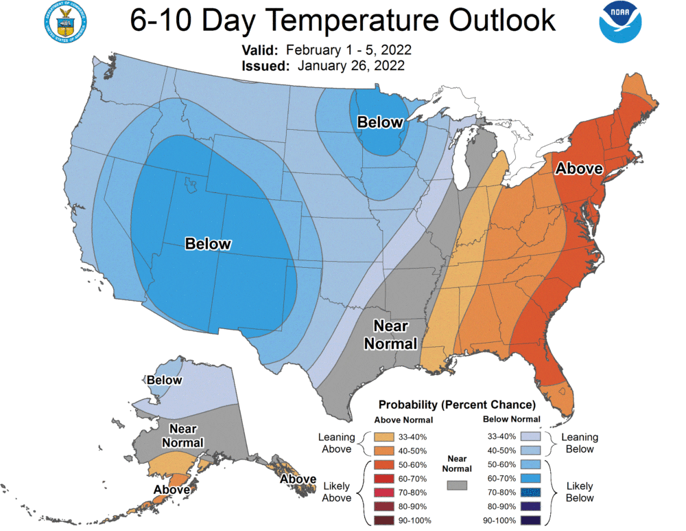 The first week of February is likely to bring milder air to the region. (Courtesy NOAA)