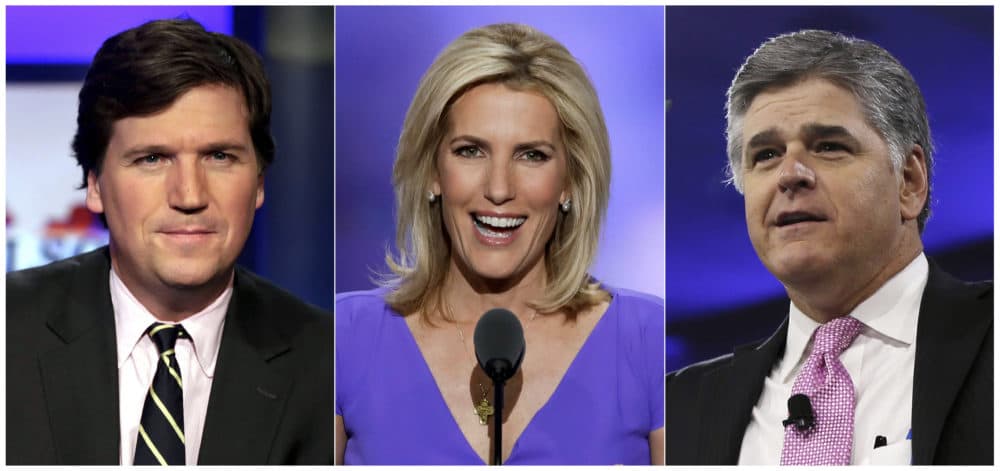 Tucker Carlson (left), host of &quot;Tucker Carlson Tonight,&quot; Laura Ingraham (center), host of &quot;The Ingraham Angle,&quot; and Sean Hannity (right), host of &quot;Hannity&quot; on Fox News. (AP Photo)