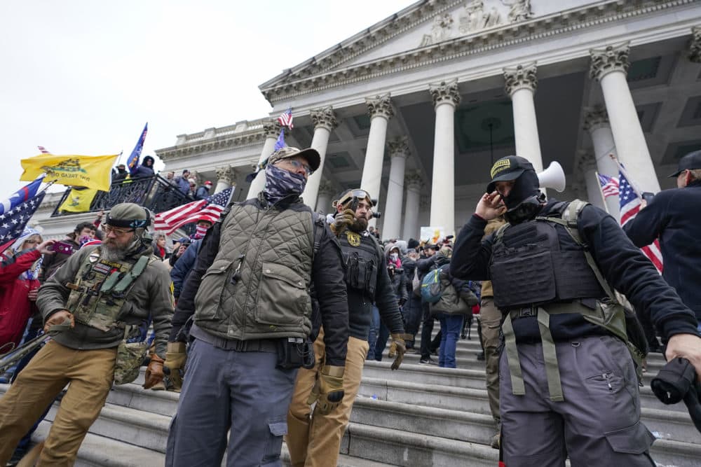 Members of the Oath Keepers on the East Front of the U.S. Capitol on Jan. 6, 2021, in Washington. (Manuel Balce Ceneta/AP)