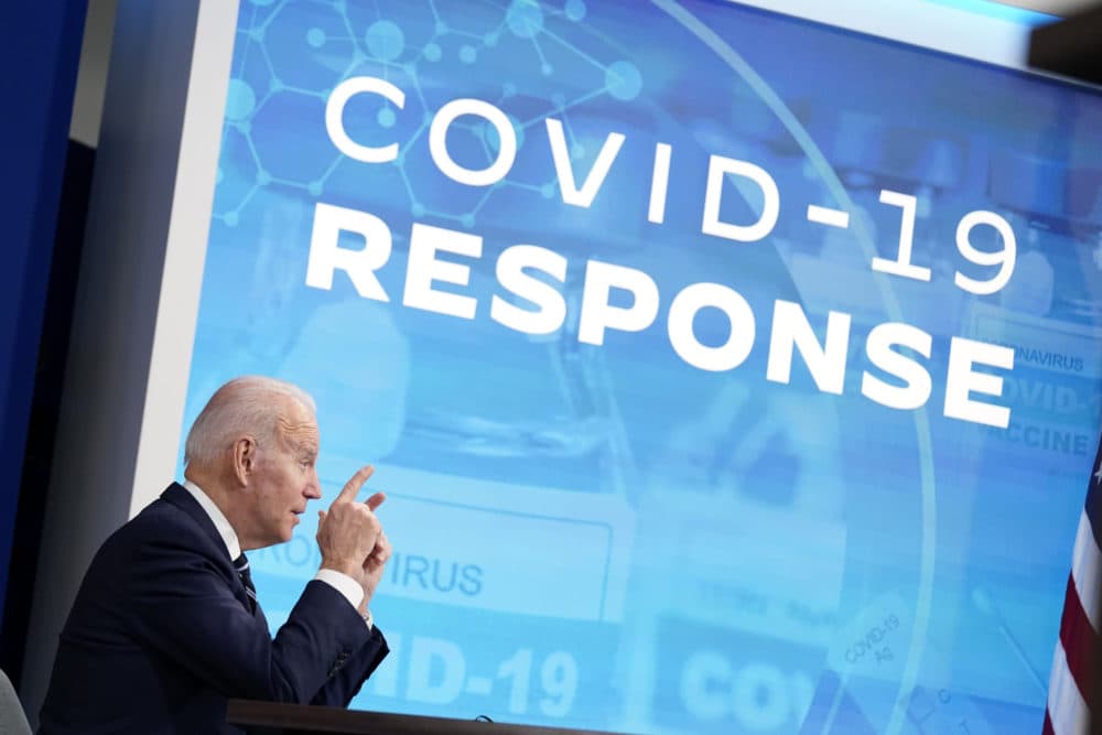 President Joe Biden speaks about the government's COVID-19 response in the Eisenhower Executive Office Building on Thursday, Jan. 13, 2022. (Andrew Harnik/AP)