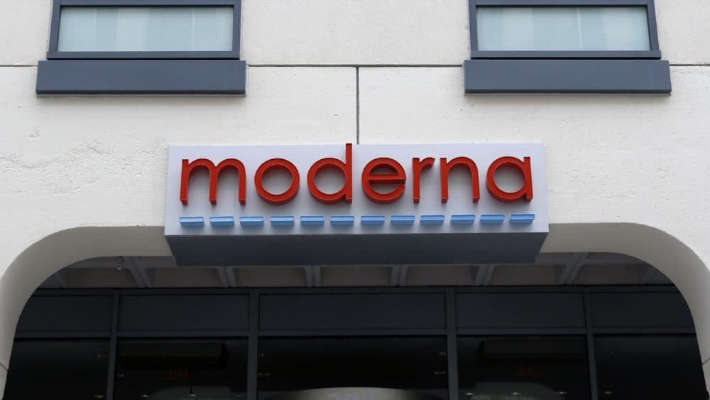 A sign marks an entrance to a Moderna building in Cambridge, Mass., on Monday, May 18, 2020. (Bill Sikes/AP File)
