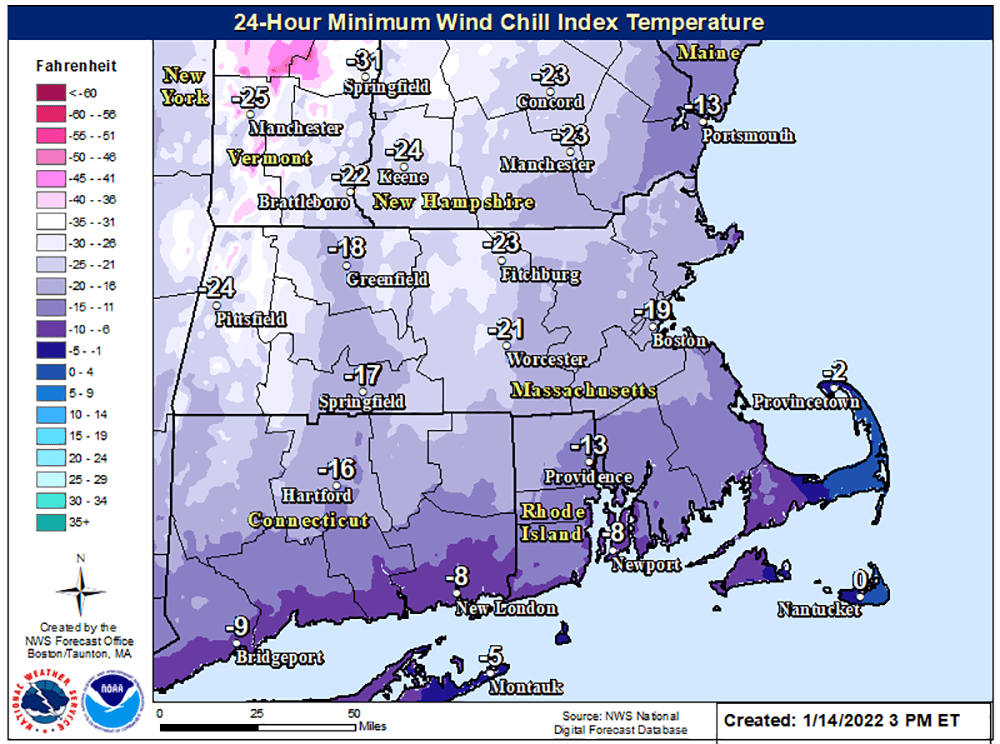 This map shows the minimum wind chill readings for early Saturday. (NOAA)