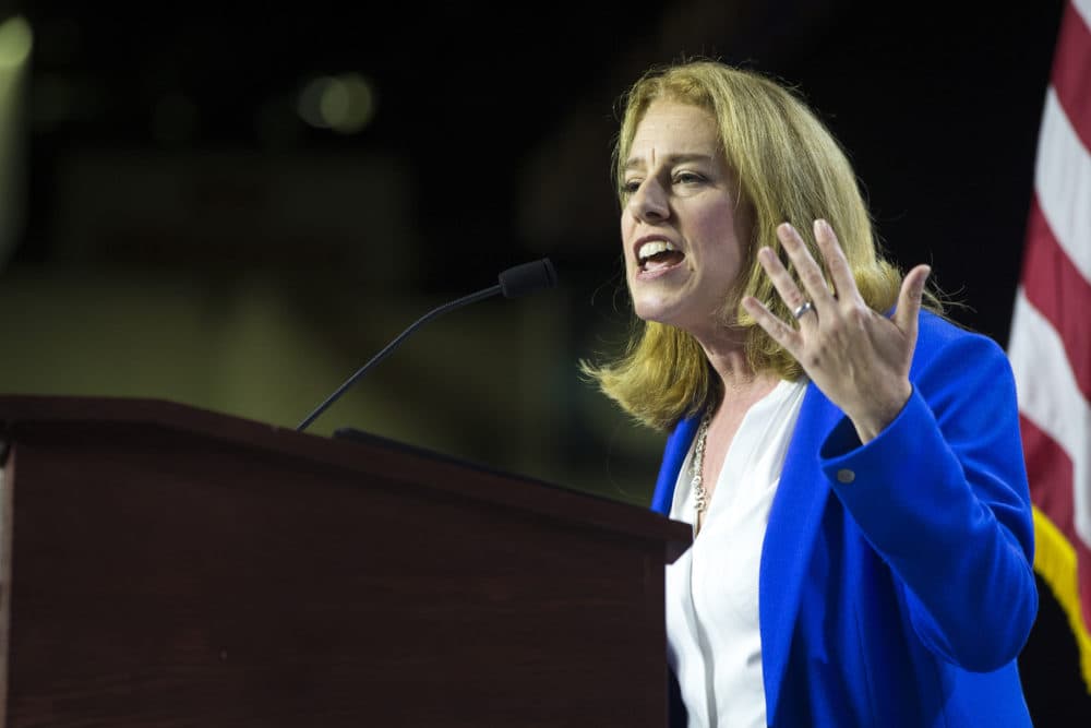 Labor attorney Shannon Liss-Riordan enters the stage during the 2019 Massachusetts Democratic Party convention at MassMutual Center in Springfield, MA on Sept. 14, 2019. (Photo by Nic Antaya for The Boston Globe via Getty Images)