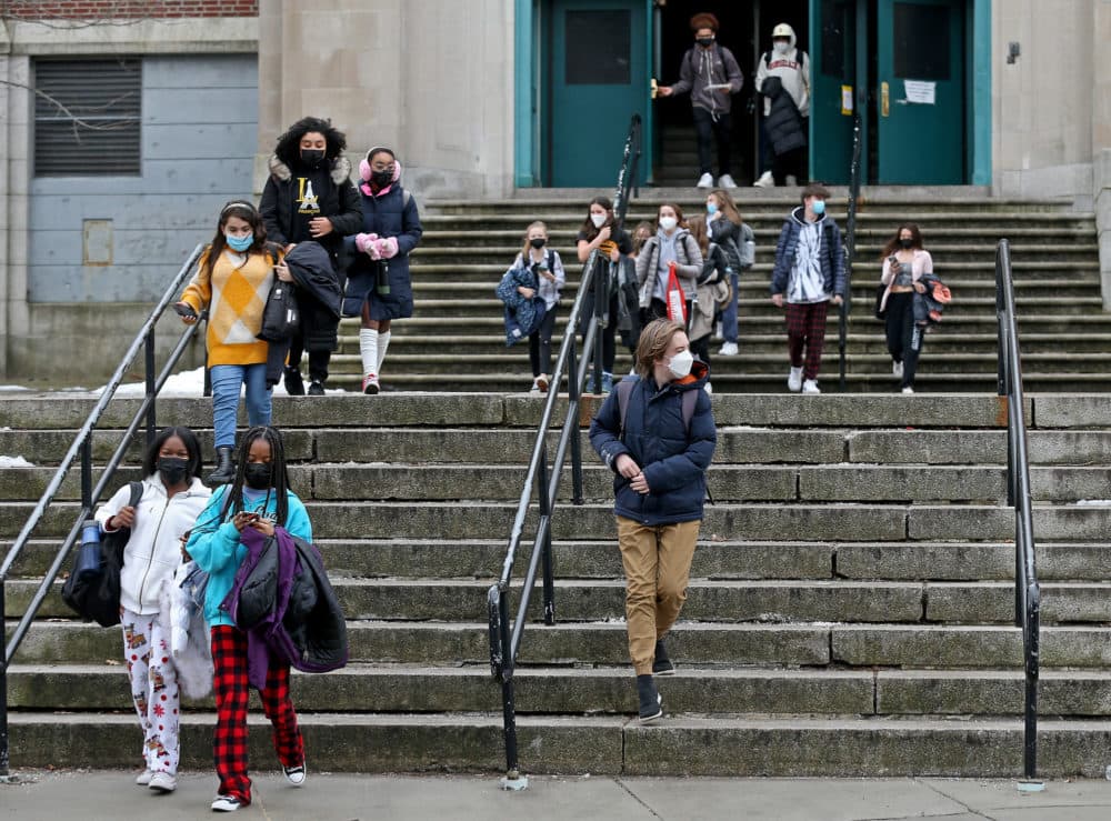Students from Boston Latin Academy in Dorchester walk out of class in protest of the lack of protection from COVID inside the school. (Matt Stone/MediaNews Group/Boston Herald via Getty Images)