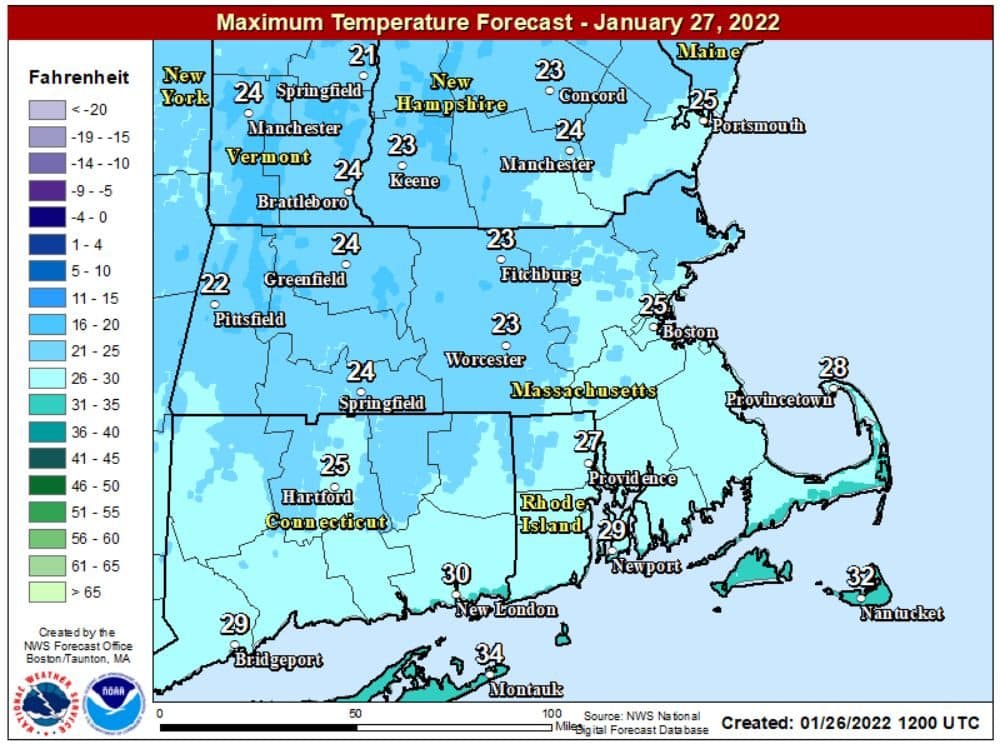 Cold temperatures continue into Thursday before a major winter storm arrives. (Courtesy NOAA)