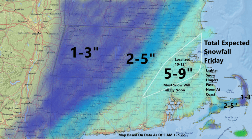 Snowfall predictions for Friday. (David Epstein for WBUR)
