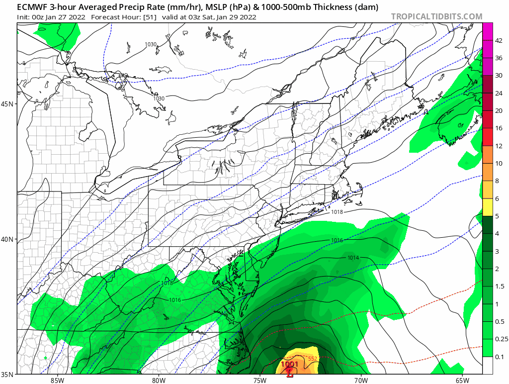 A strong nor’easter will move northeast Saturday bringing heavy snow to much of eastern New England. (Courtesy TropicalTidbits)