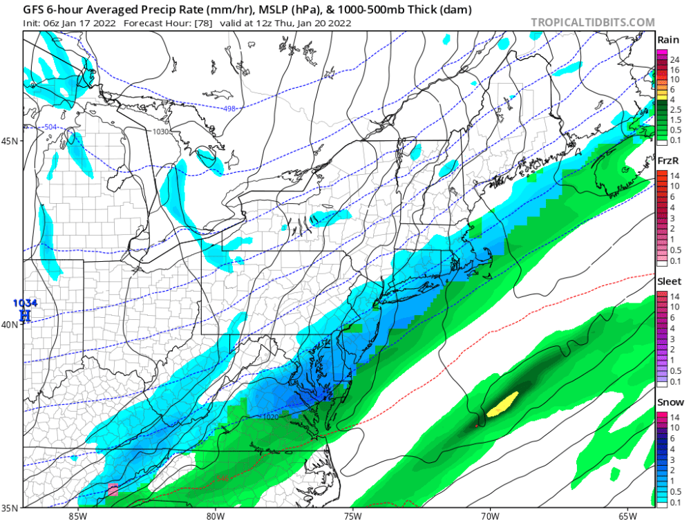 Some snow is possible late Wednesday or early Thursday from a weak weather system. (Courtesy TropicalTidbits)