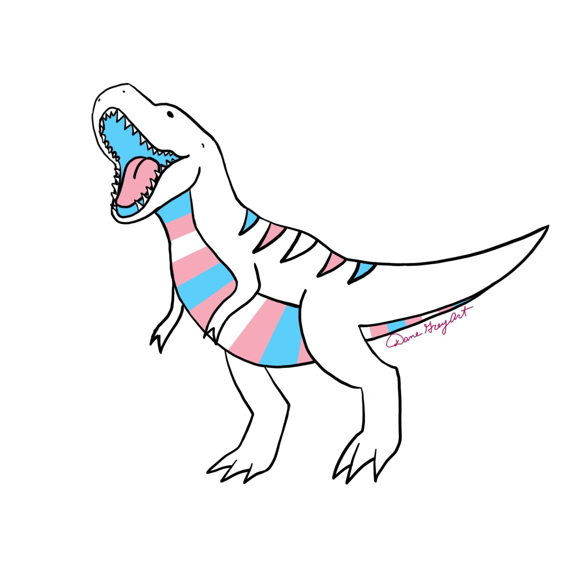 Trans pride dinosaur by Dane Grey. You can find more of their work on Instagram, @danegreyart.