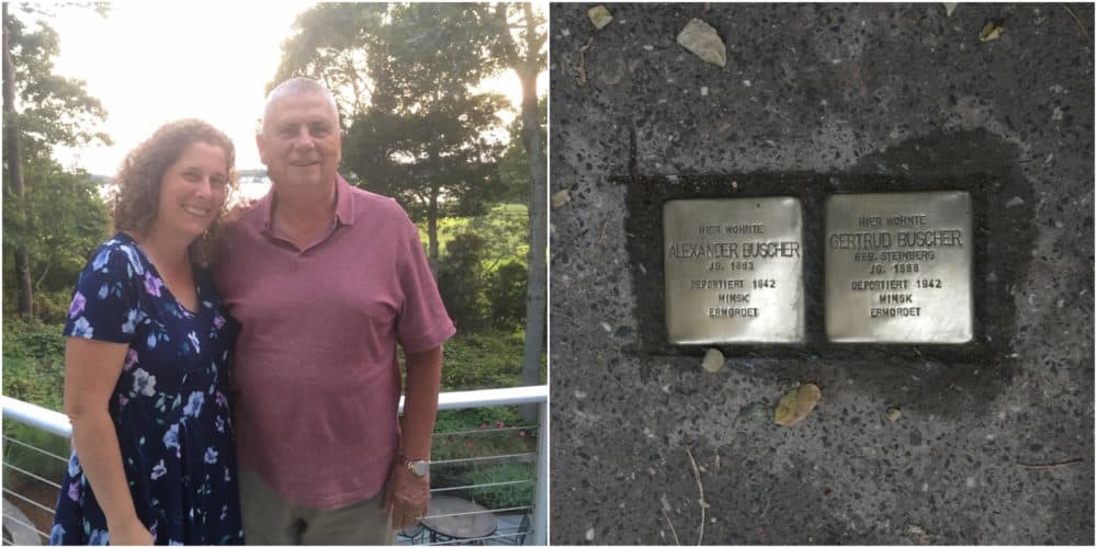 On the left, the author and her father, Haim Brill, in a recent photo (Courtesy Julie Brill). On the right, a photo of Stolpersteine installed in Belarus. (Courtesy Karin Richter)